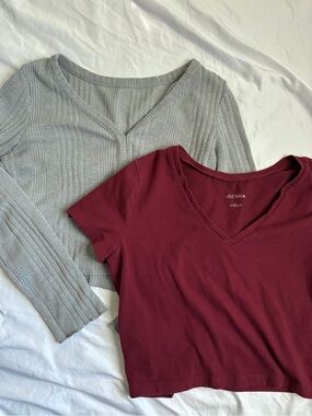 V-Neck Crop-top Set Short Sleeve Top in Wine & Long sleeve in Gray Wild Fable